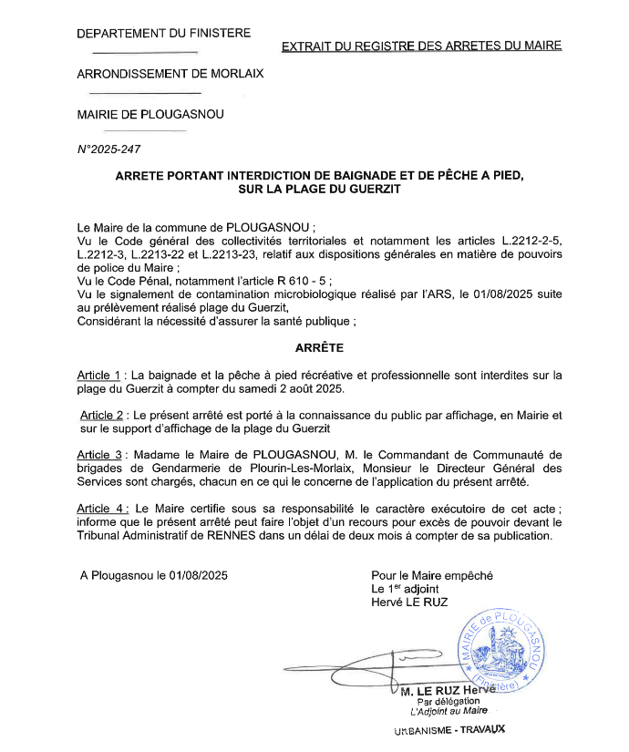 Arrt : Interdiction de baignade et pche  pied plage du Guerzit