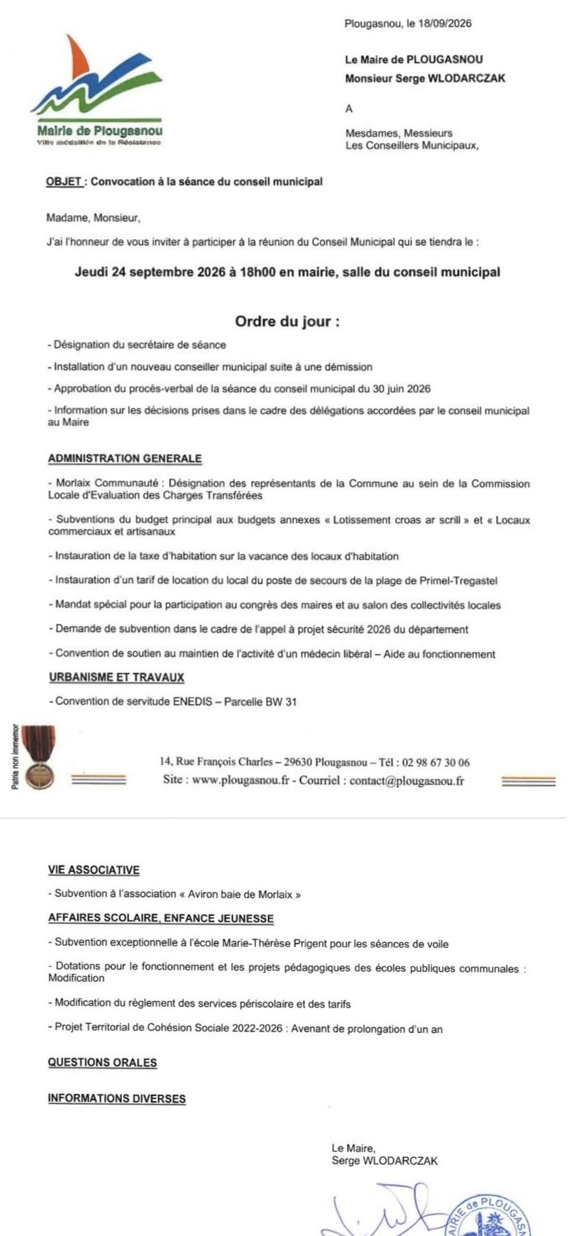 Convocation � la s�ance du CM du jeudi 24 septembre 2026